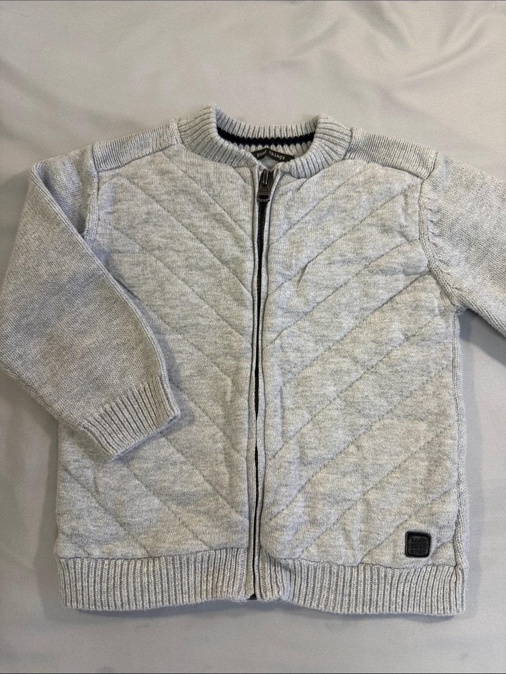 Zara Light Gray Quilted Knit Zip-Up Sweater Jacket